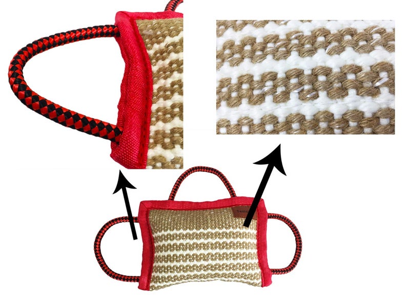 Tealover Dog Training Bite Pillow 3 Handles Jute Tug Toy for Young Dogs Puppy Interactive Playing,Red - Image 2